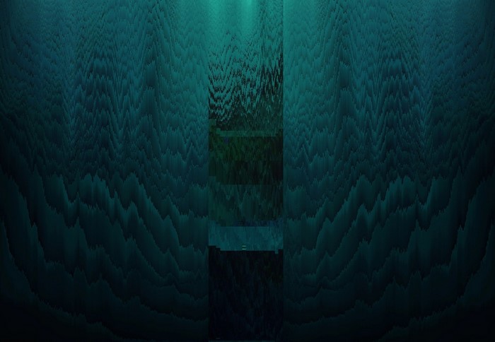 Abstract green and blue glitch art with wave texture