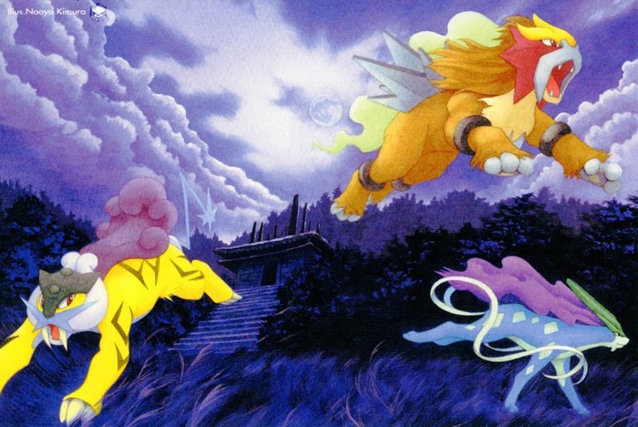 Raikou, Entei, and Suicune from Pokemon flying at night
