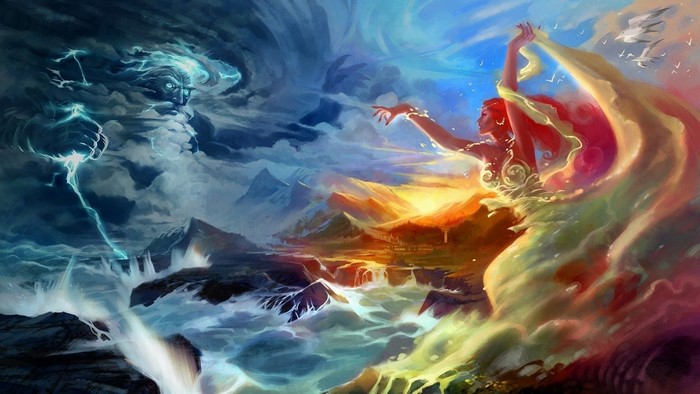 Mythological figures representing storm and sun in a landscape