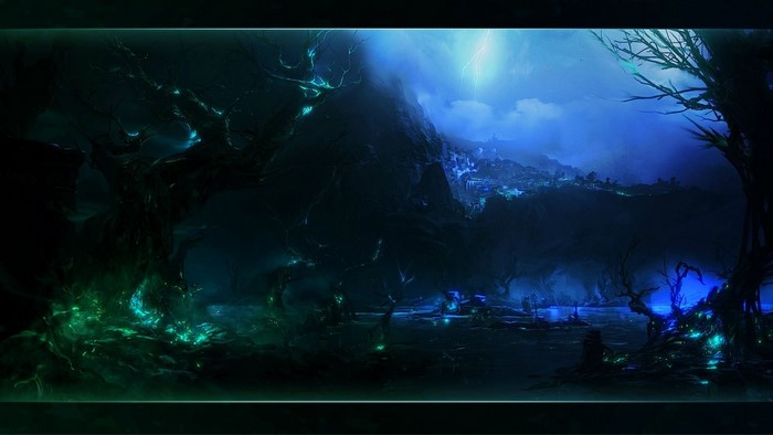 Fantasy landscape with lightning and glowing flora