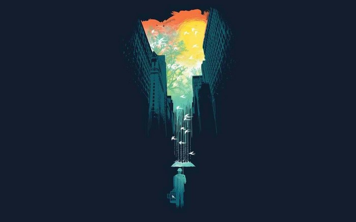 Artwork of a man with an umbrella in a cityscape with birds
