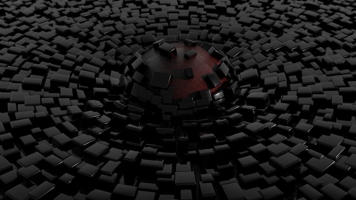 Abstract sphere surrounded by black cubes