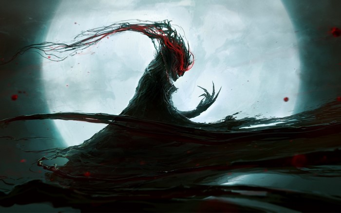 Dark Fantasy Creature with Red Eyes and Flowing Tendrils