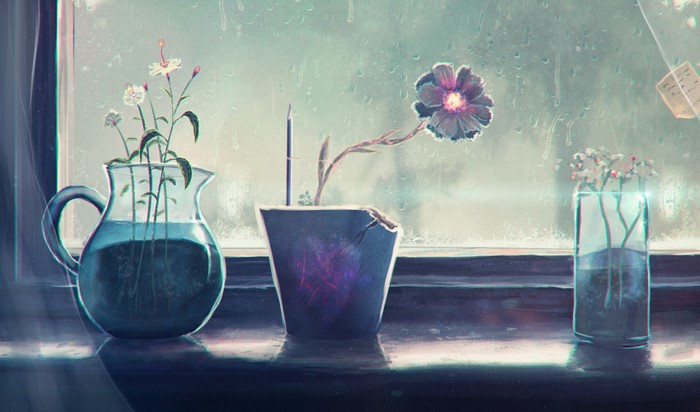 Still life painting of flowers by a window