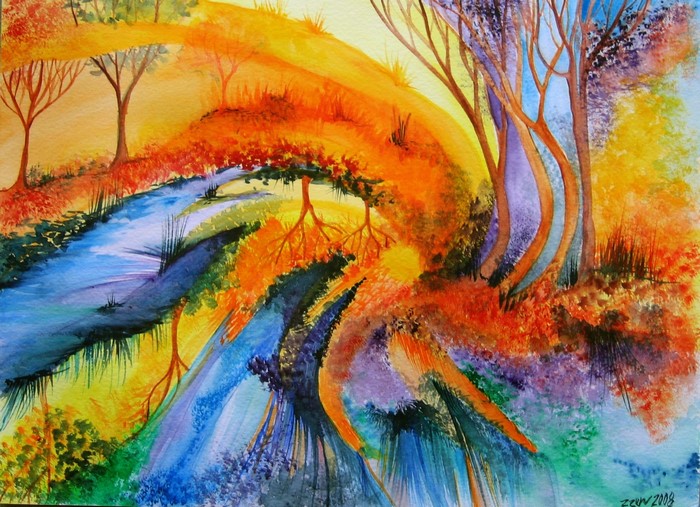 Abstract Colorful Trees and Flowing Water Painting