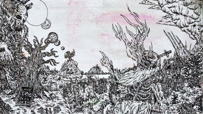 Monochrome fantasy art drawing of a surreal landscape