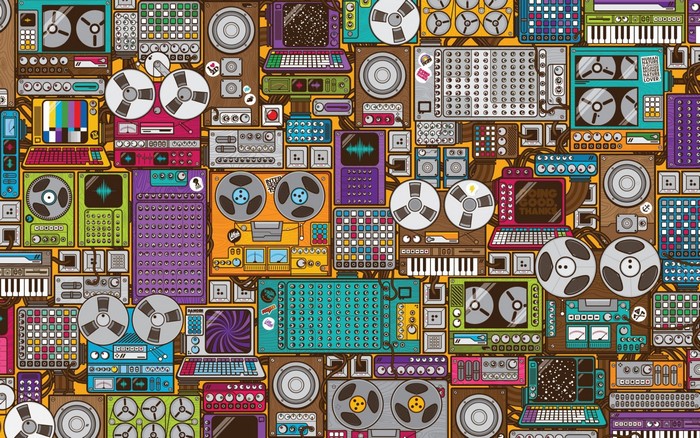 Vintage audio equipment and synthesizers collage
