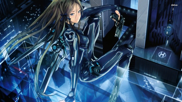 Anime girl in futuristic suit with guns in city