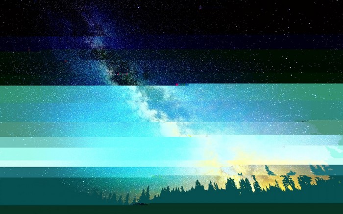 Glitch art of the Milky Way over a forest silhouette