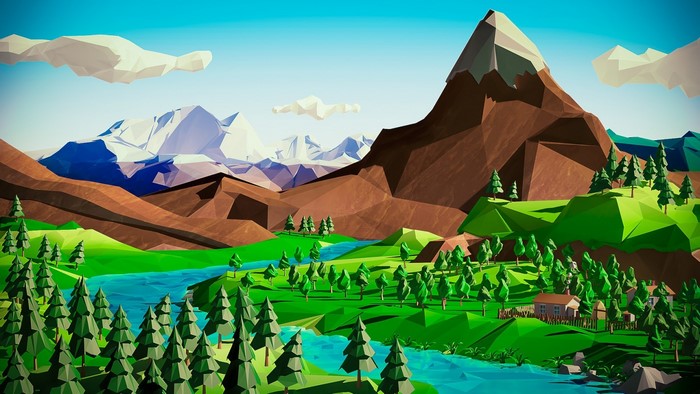 Low poly landscape with mountains, river, and trees