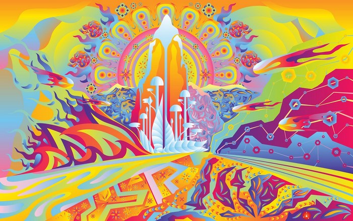 Psychedelic digital art illustration with mushrooms and cosmic elements