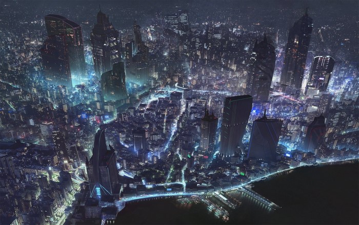 Futuristic cityscape at night with illuminated skyscrapers