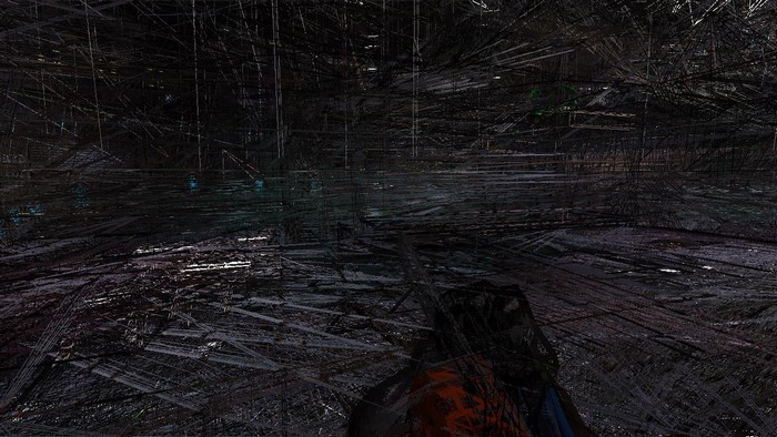 Dark forest with glitch art effect and wireframe