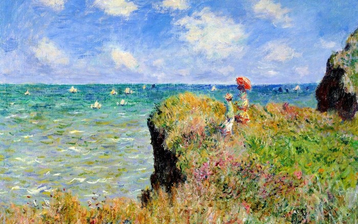 Claude Monet's Coastal Cliff with Parasol in France