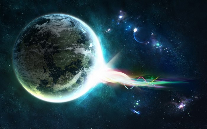 Planet with colorful energy stream in space