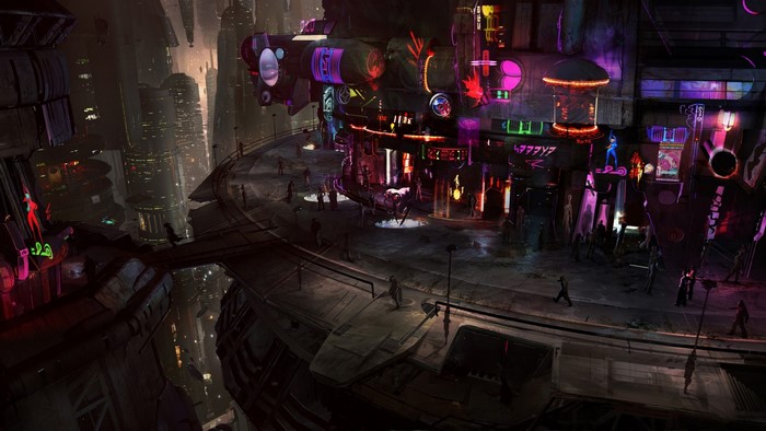 Futuristic city at night with neon lights and flying vehicles
