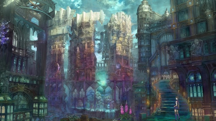 Anime cityscape with Gothic architecture and futuristic elements