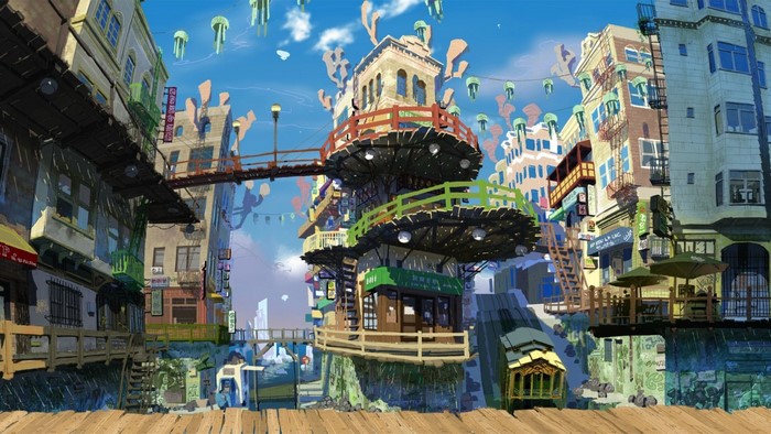 Cityscape with floating jellyfish and bridges