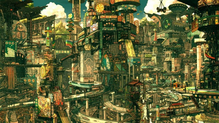 Anime cityscape with intricate buildings and signs