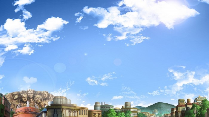 Anime cityscape with Mount Rushmore-like carvings under a blue sky with clouds