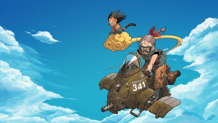 Goku and Bulma from Dragon Ball on a flying vehicle