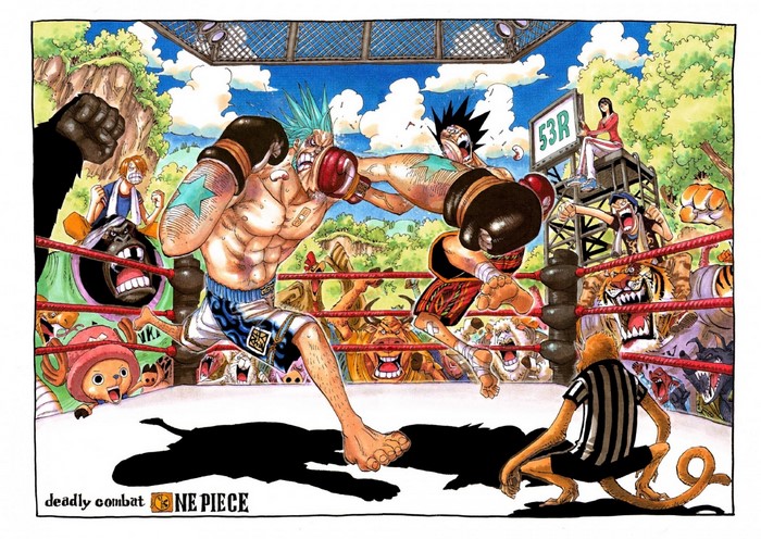 Monkey D. Luffy and Sanji boxing in One Piece