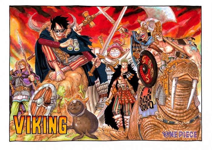 One Piece Vikings illustration with Monkey D. Luffy, Roronoa Zoro, and Usopp