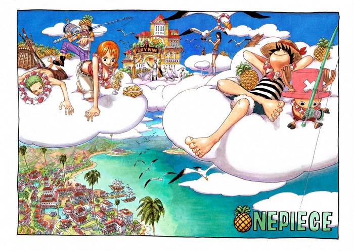 One Piece characters on clouds above a town