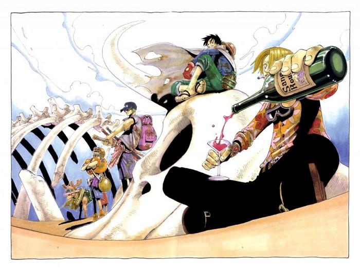 One Piece characters on a giant skeleton
