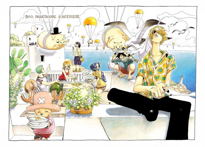 One Piece Characters Relaxing by the Sea with Parachuting Pigs