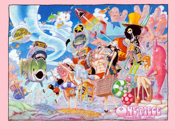 One Piece characters at a beach resort