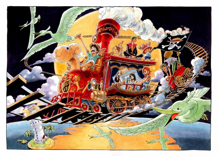 One Piece characters on a train with birds and a lighthouse