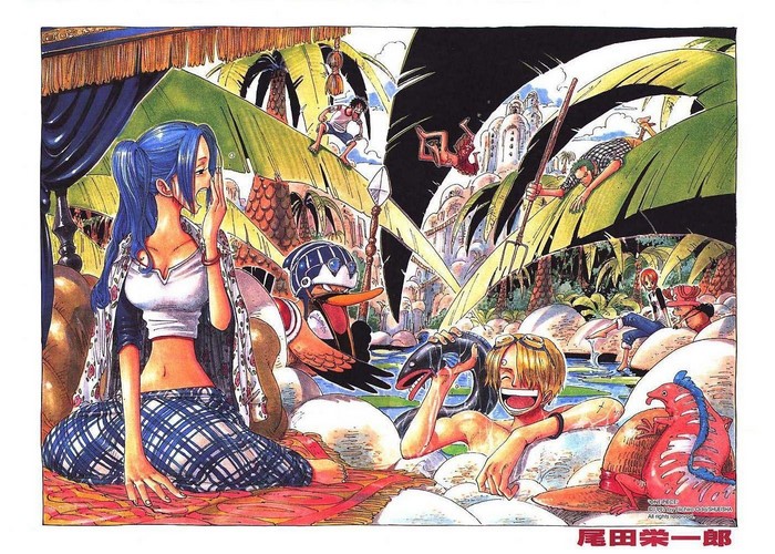 One Piece characters relaxing by a river
