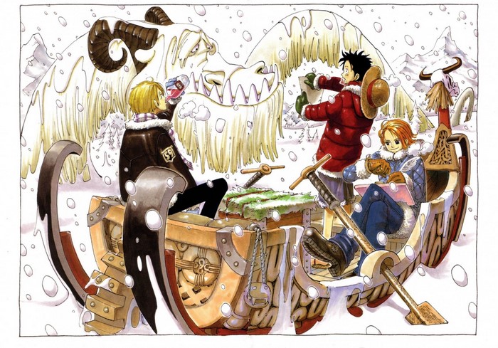 Sanji, Monkey D. Luffy, and Nami from One Piece in a snowy landscape