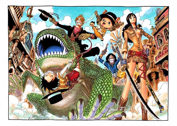 One Piece characters on a dinosaur in a town