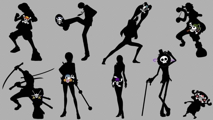 One Piece Characters Silhouettes With Jolly Roger Emblems Hd Wallpaper 