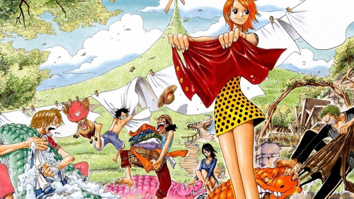 One Piece characters doing laundry outdoors