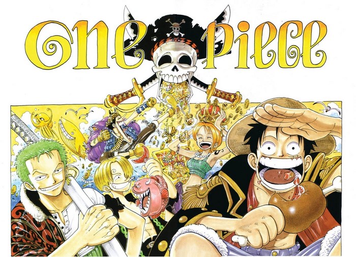 One Piece characters with treasure and pirate flag