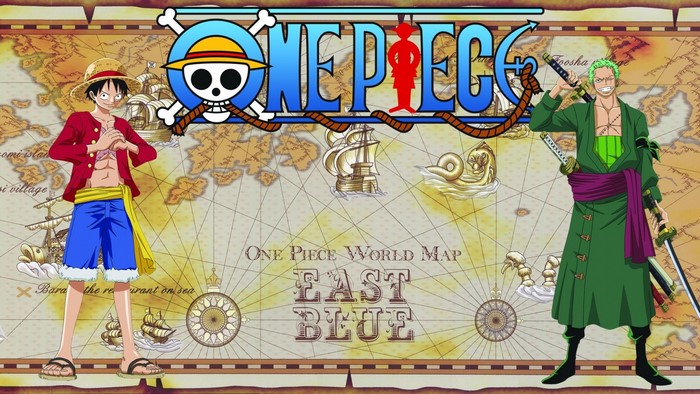 Monkey D. Luffy and Roronoa Zoro from One Piece on a world map