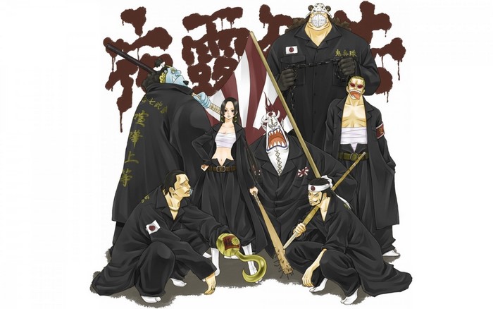 One Piece characters in black outfits with Japanese symbols