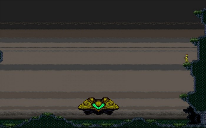 Samus Aran from Metroid in a rocky, alien landscape
