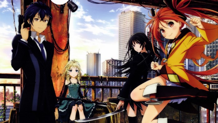 Anime characters from Black Bullet with guns and swords