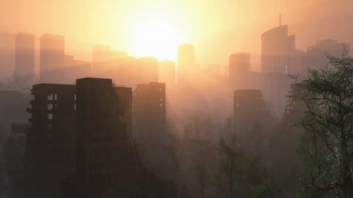 Ruined cityscape at sunrise with sunbeams through mist