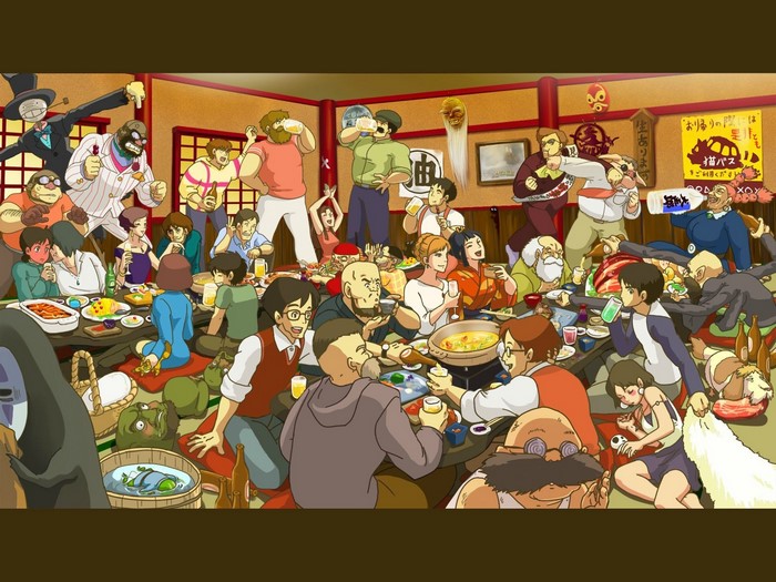 Studio Ghibli characters at a lively meal