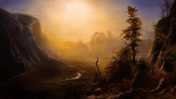 Misty mountain landscape at sunrise or sunset
