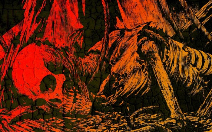Painting of a skeleton with red and orange hues