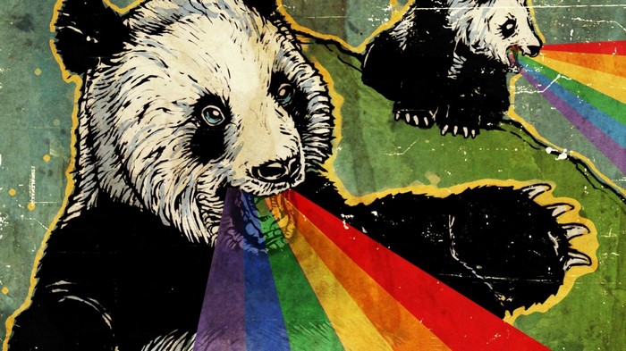 Two pandas emitting rainbows from their mouths