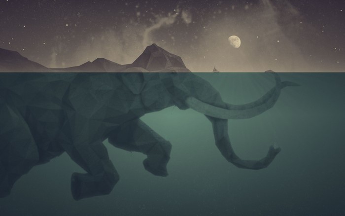 Low-poly elephant submerged in water under starry sky