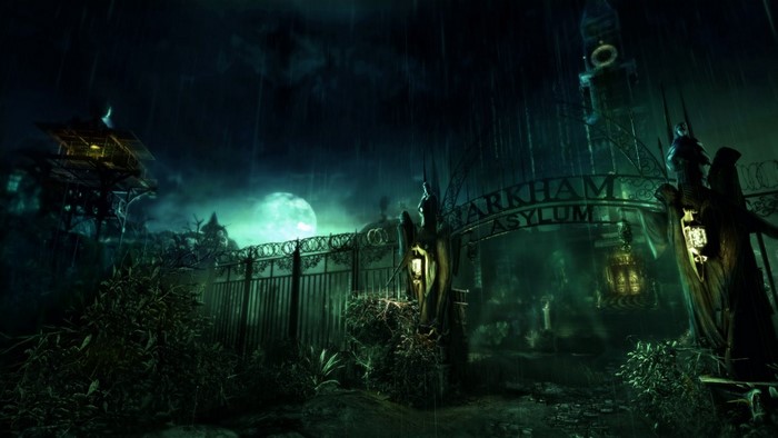 Batman Arkham Asylum entrance at night
