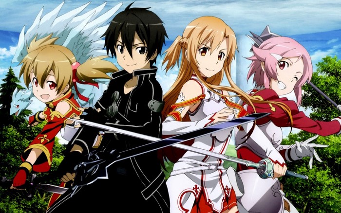 Sword Art Online characters with swords and a dragon